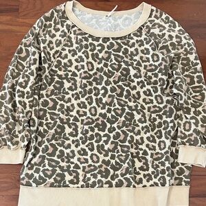 Free People Animal Print Crew Neck Sweater - Cream and Brown